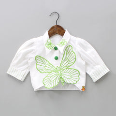 Pre Order: White Butterfly Embroidered Top With Stylish Green Skirt