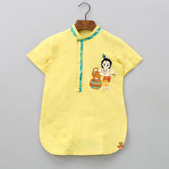 Pre Order: Krishna Hand Embroidered Short Sleeves Yellow Kurta And Leheriya Dhoti
