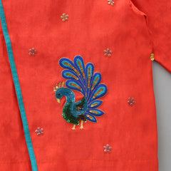 Pre Order: Hand Embroidered Peacock Front Open Kurta And Leheriya Dhoti