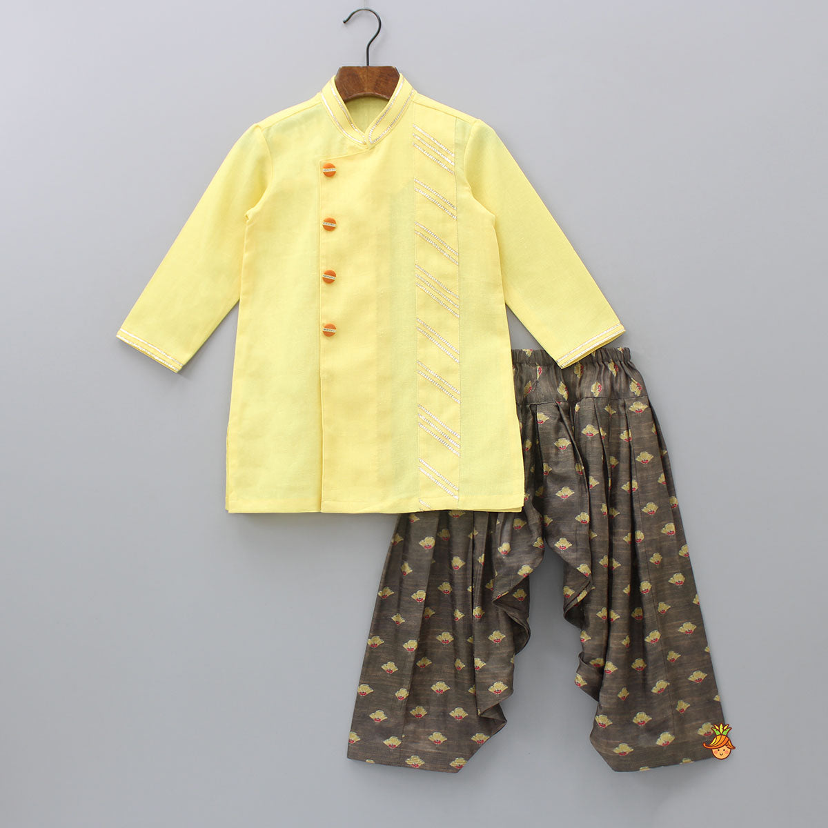 Pre Order: Yellow Gota Lace Detailed Kurta With Printed Patiala