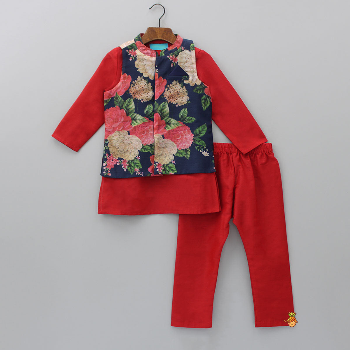 Ethnic Red Kurta And Floral Printed Jacket With Pyjama