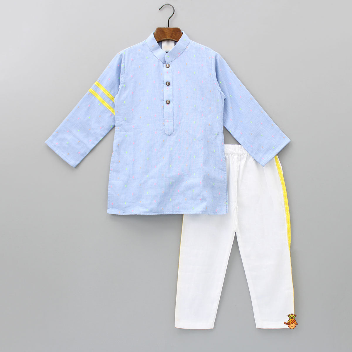 Pre Order: Multicolour Booti Embroidered Blue Kurta With White Pyjama