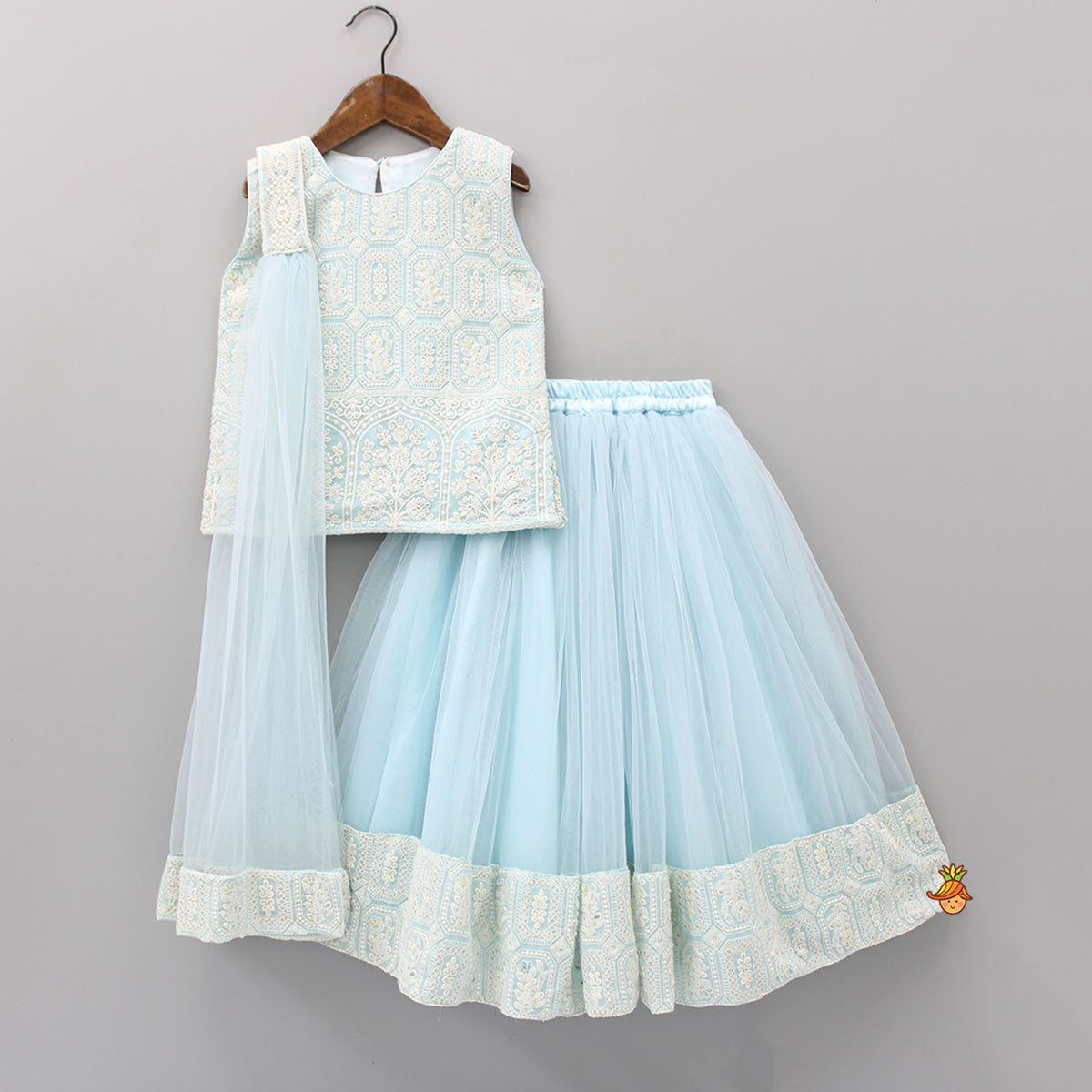 Pre Order: Beautiful Thread Embroidered Georgette Blue Top With Lehenga And Dupatta