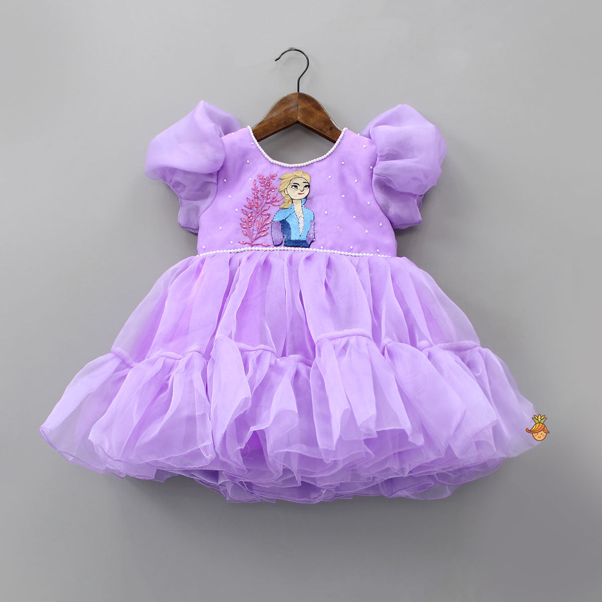 Leaves And Doll Embroidered Flared Lavender Dress
