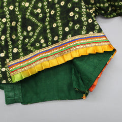 Bandhani Printed Top And Lehenga With Thread Embroidery And Dupatta
