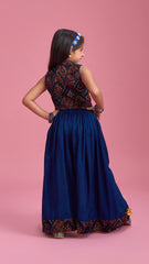 Stylish Cut Out Thread Embroidered Velvet Blue Top And Flared Palazzo