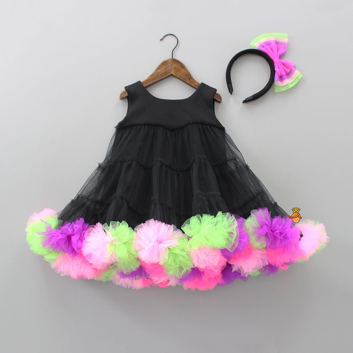 Black Scuba Dress With Multicolour Ruffled Hem And Matching Bowie Hair Band