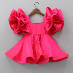 Pre Order: Ruffled Layered Sleeves Enhanced Pink Flared Dress With Swirled Hair Clip