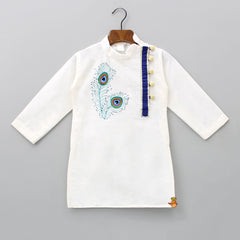 Pre Order: Off White Embroidered Kurta With Lace Detailed Dhoti And Head Band