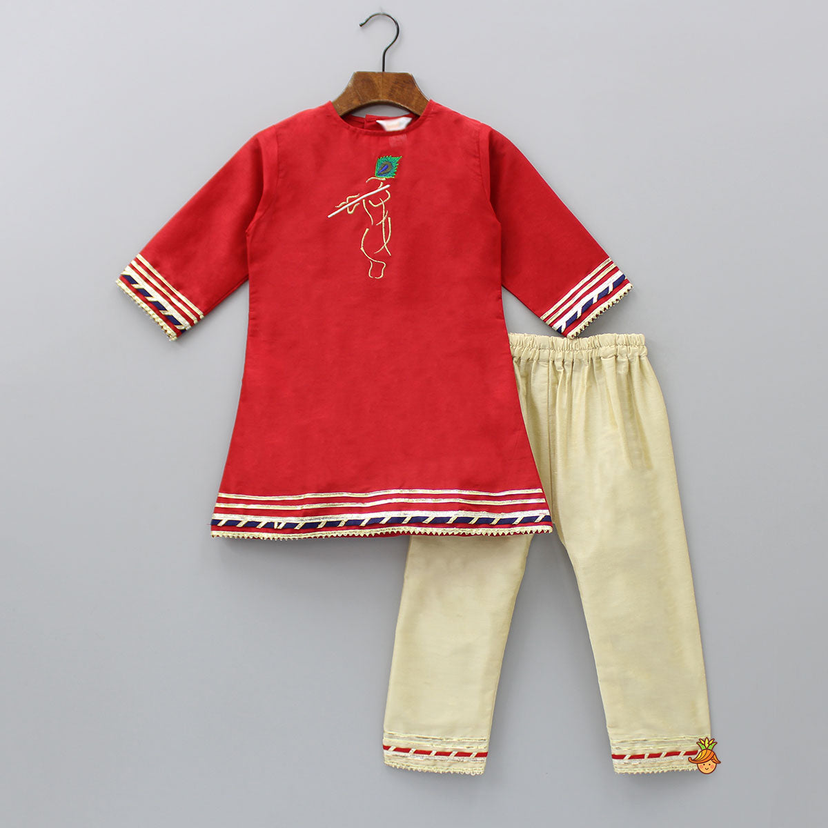Krishna Embroidered Red Round Neck Kurti And Beige Pant