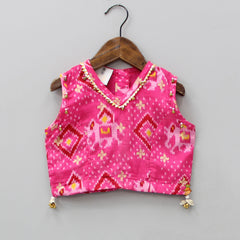 Pre Order: Patola Printed Pink Top And Lehenga With Gota Lace Work Dupatta