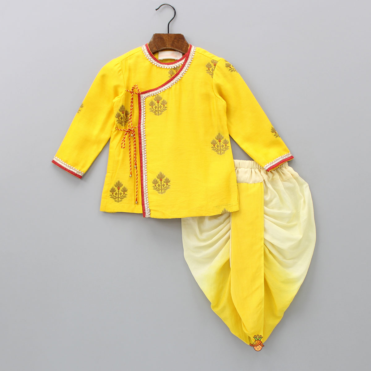 Pre Order: Gota Lace Detailed Angrakha Kurta And Ombre Dhoti