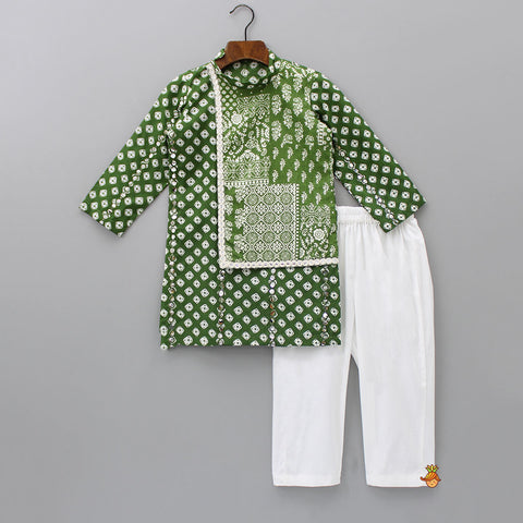 Pre Order: Faux Mirror Work Printed Green Flap Kurta With White Pyjama