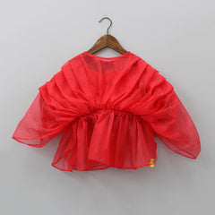 Pre Order: Stylish Pleated Red Top And Embroidered Palazzo With Detachable Belt