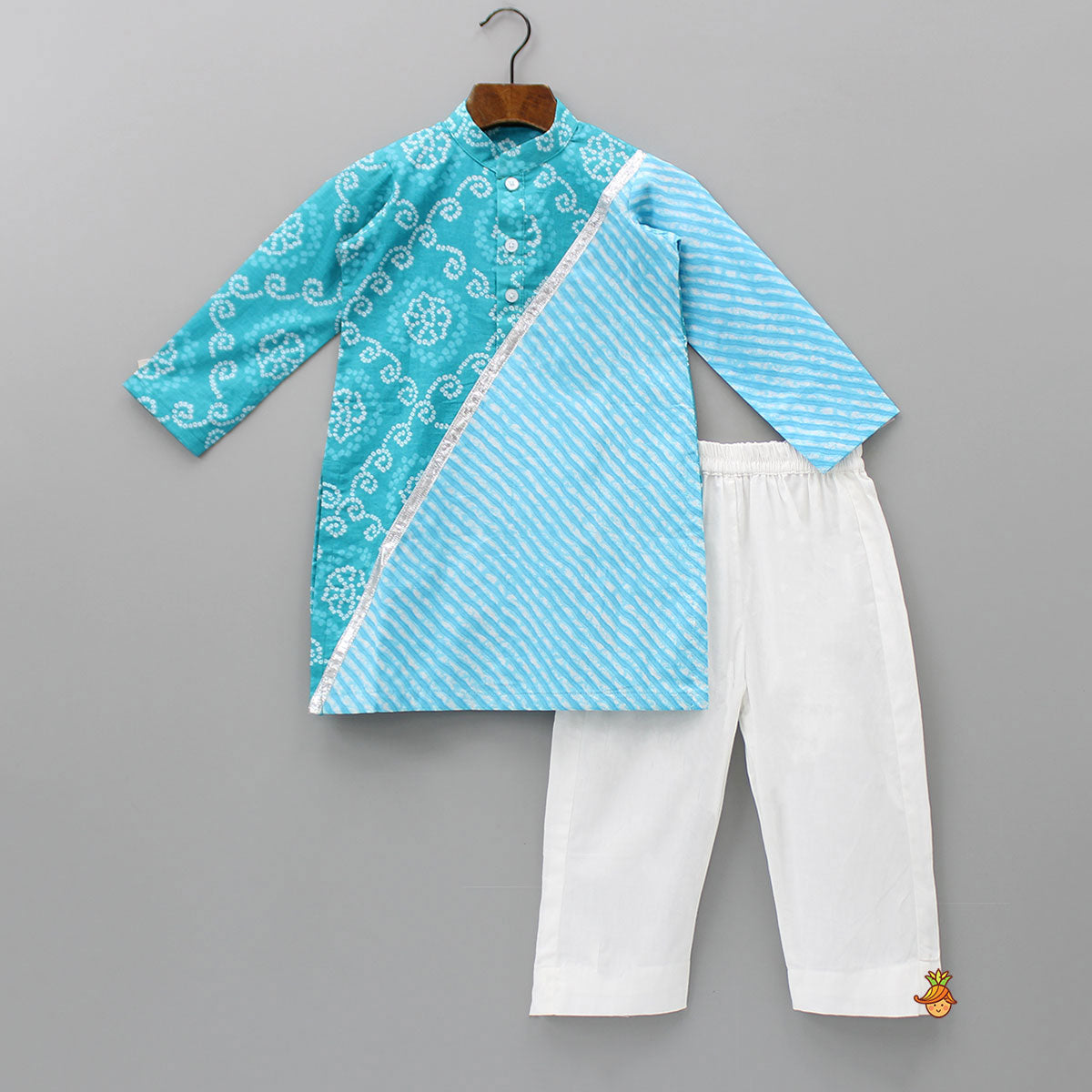 Bandhani And Leheriya Printed Blue Kurta With White Pyjama