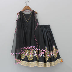 Pre Order: Motifs Embroidered Top With Scalloped Drape And Lehenga