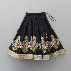 Pre Order: Motifs Embroidered Top With Scalloped Drape And Lehenga