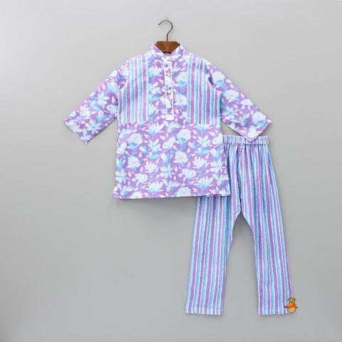 Pre Order: Floral Printed Kurta With Striped Pyjama
