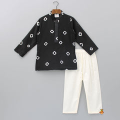Pre Order: Bandhani Printed Black Kurta And Jacket With Off White Pyjama