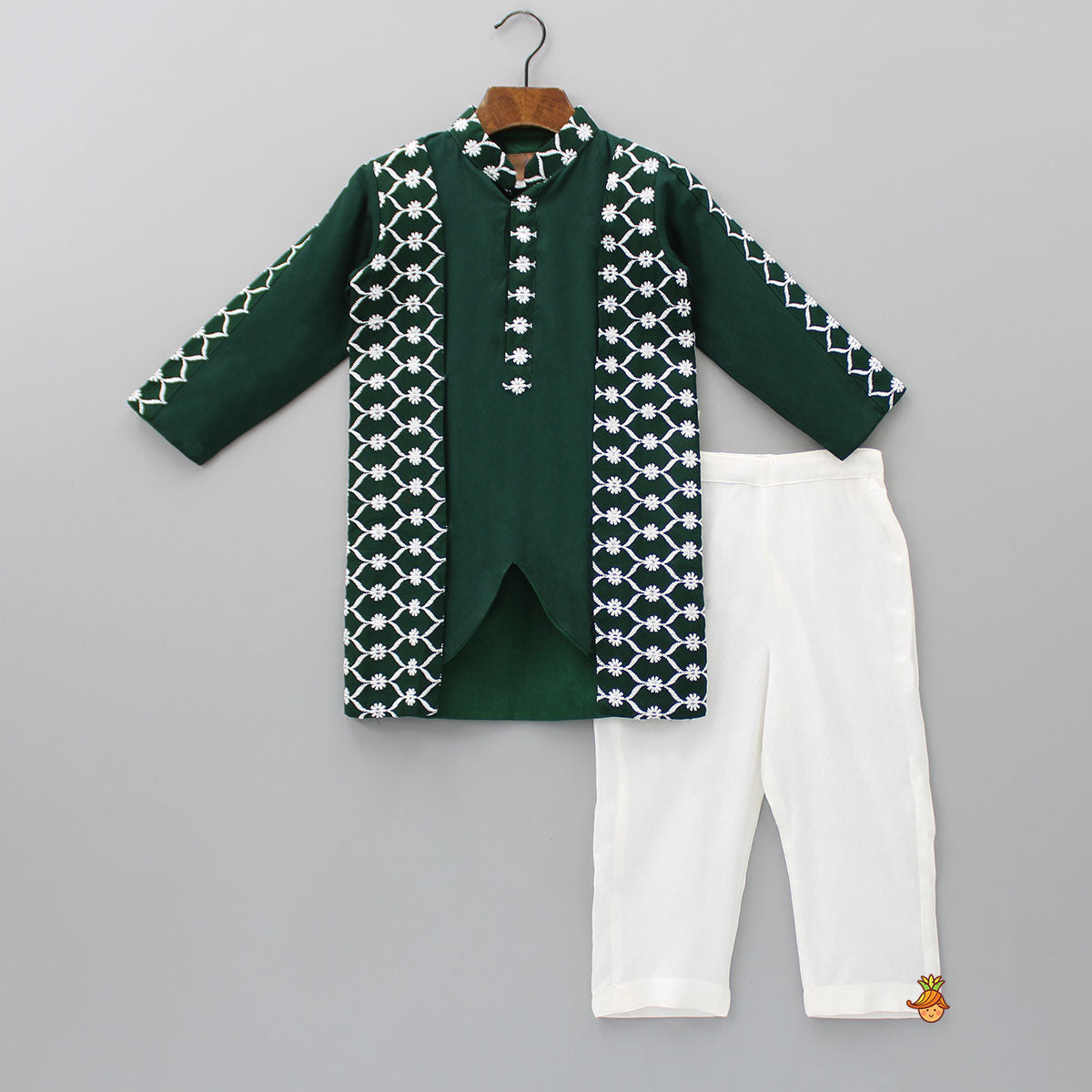 Pre Order: Ethnic Sequins And Thread Embroidered Green Kurta With Pyjama