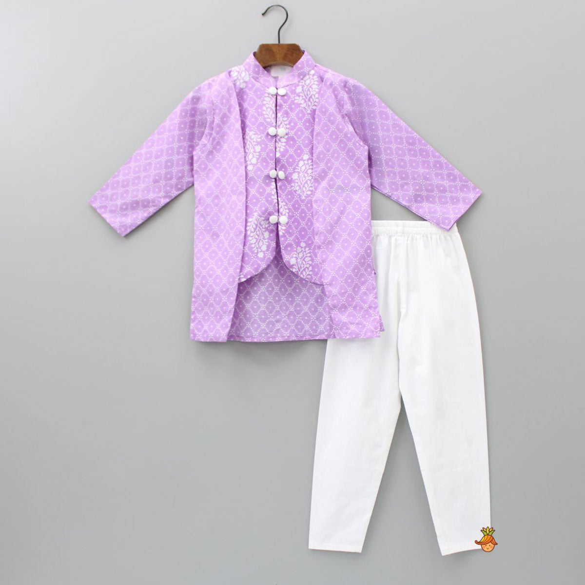 Purple Bandhani Printed Attached Jacket Style Kurta And Churidar