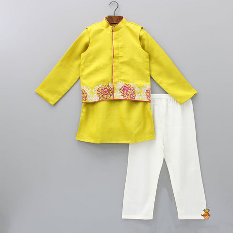 Pre Order: Kurta With Embroidered Hem Jacket And Pyjama