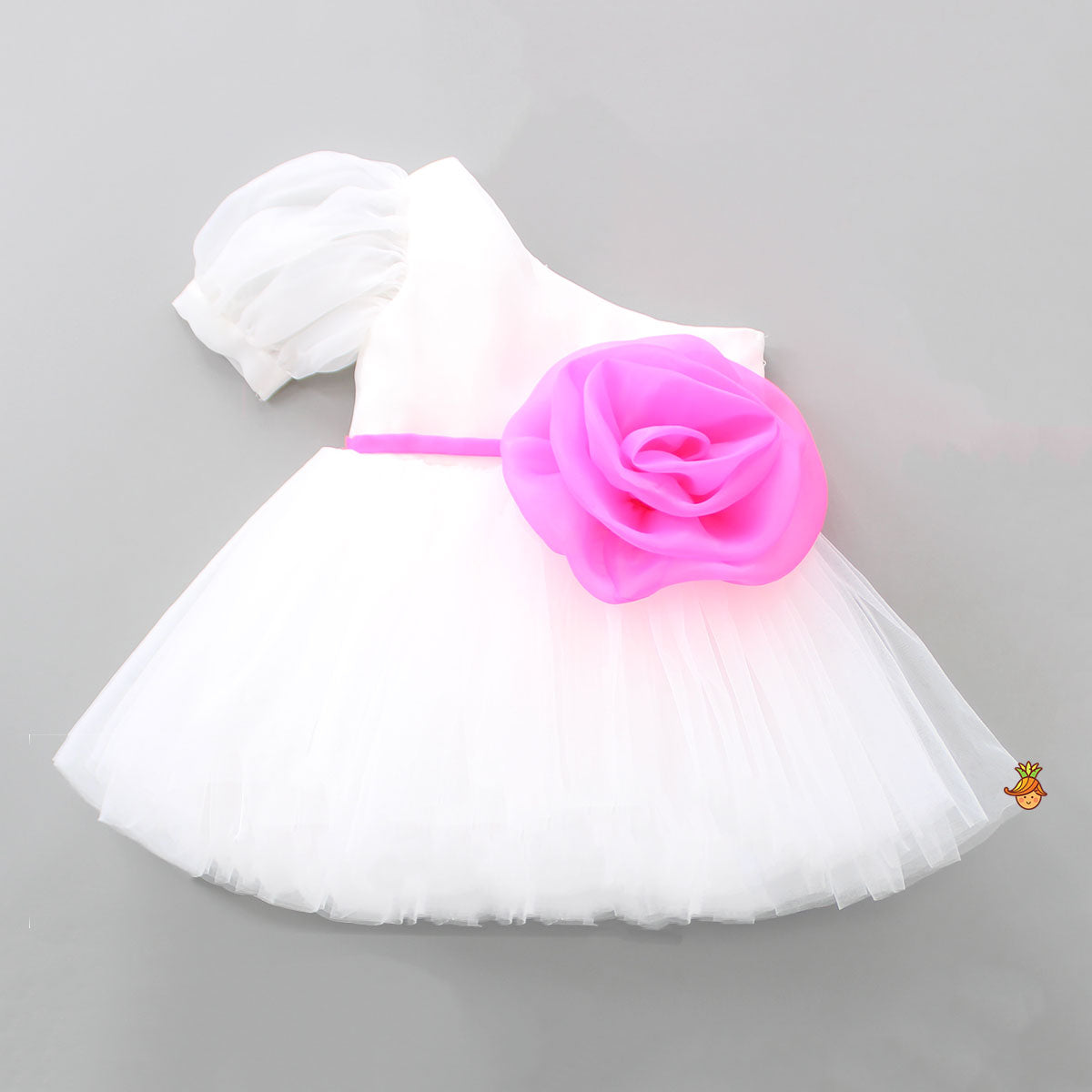 One Shoulder Swirled Flower Enhanced Flared White Dress