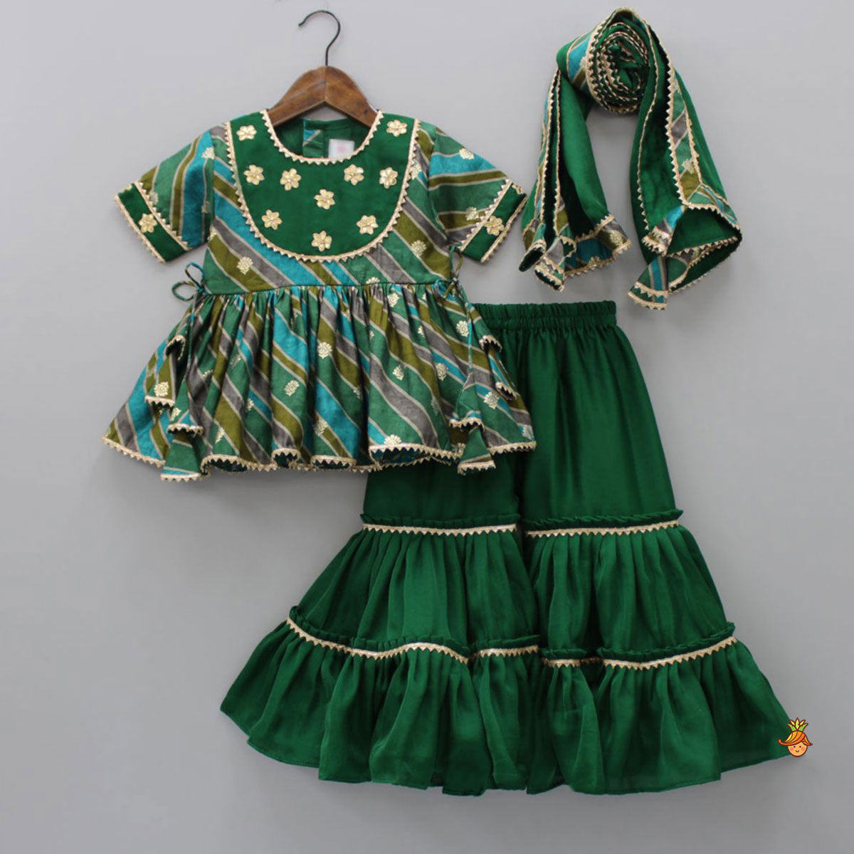 Gota Floral Yoke Embroidered Striped Multicolour Top And Ruffle Green Sharara With Matching Dupatta