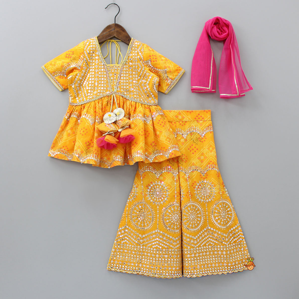 Pre Order: Bandhani Printed Sequins Embroidered Mustard Top And Sharara With Dupatta
