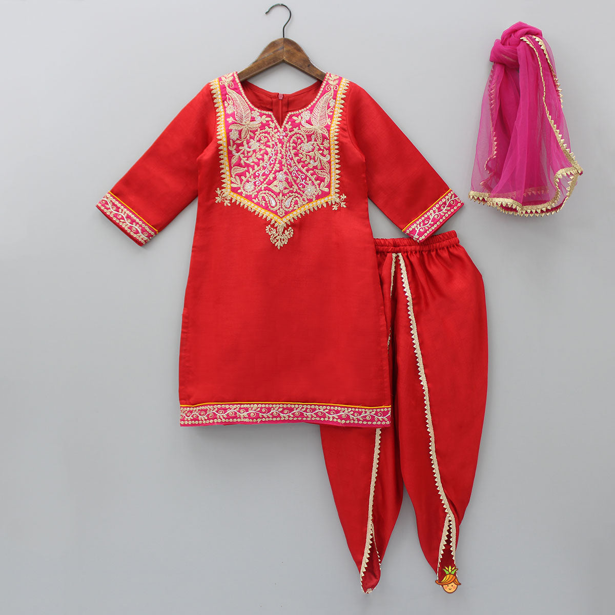 Pre Order: Exquisite Embroidered Red Kurti And Tulip Pant With Dupatta