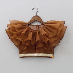 Pre Order: Organza Triple Layered Flap Brown Top And Zari Embroidered Lehenga