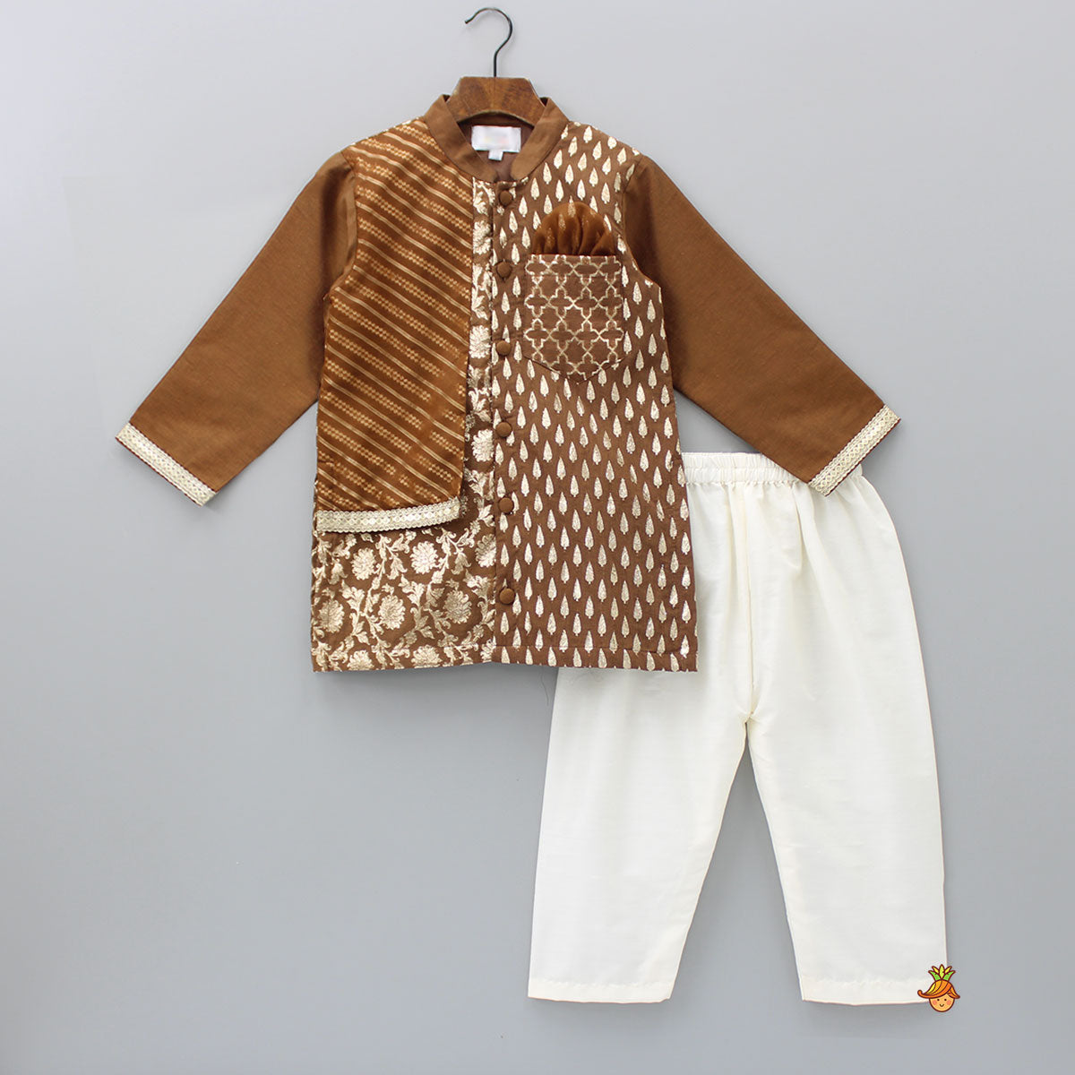 Pre Order: Ethnic Embroidered Brown Kurta With Pyjama