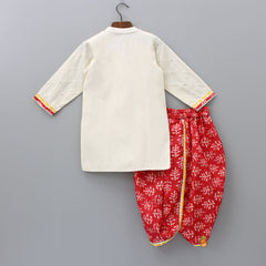 Pre Order: Faux Mirror Embroidered Angrakha Style Kurta With Printed Red Dhoti