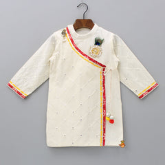 Pre Order: Faux Mirror Embroidered Angrakha Style Kurta With Printed Red Dhoti