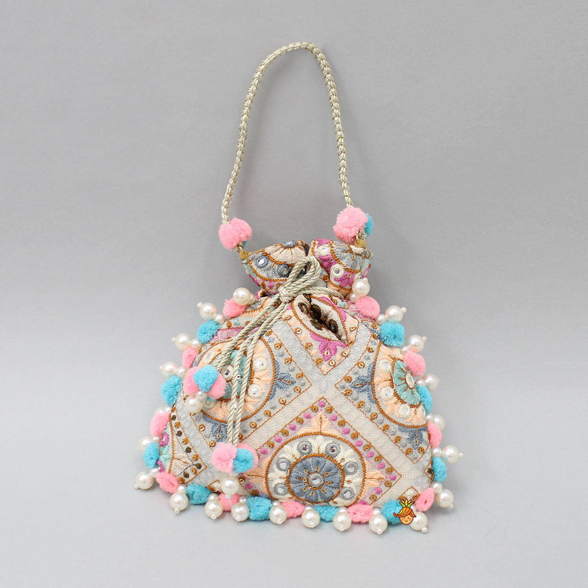 Pre Order: Multicolour Embroidered Pom Pom Tassels Detailed Potli Bag