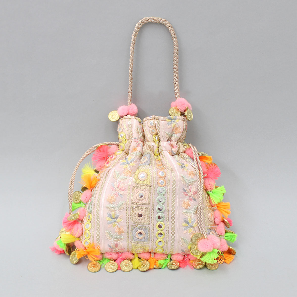 Pre Order: Stunning Embroidered Pom Poms And Fringed Tassels Detailed Potli Bag