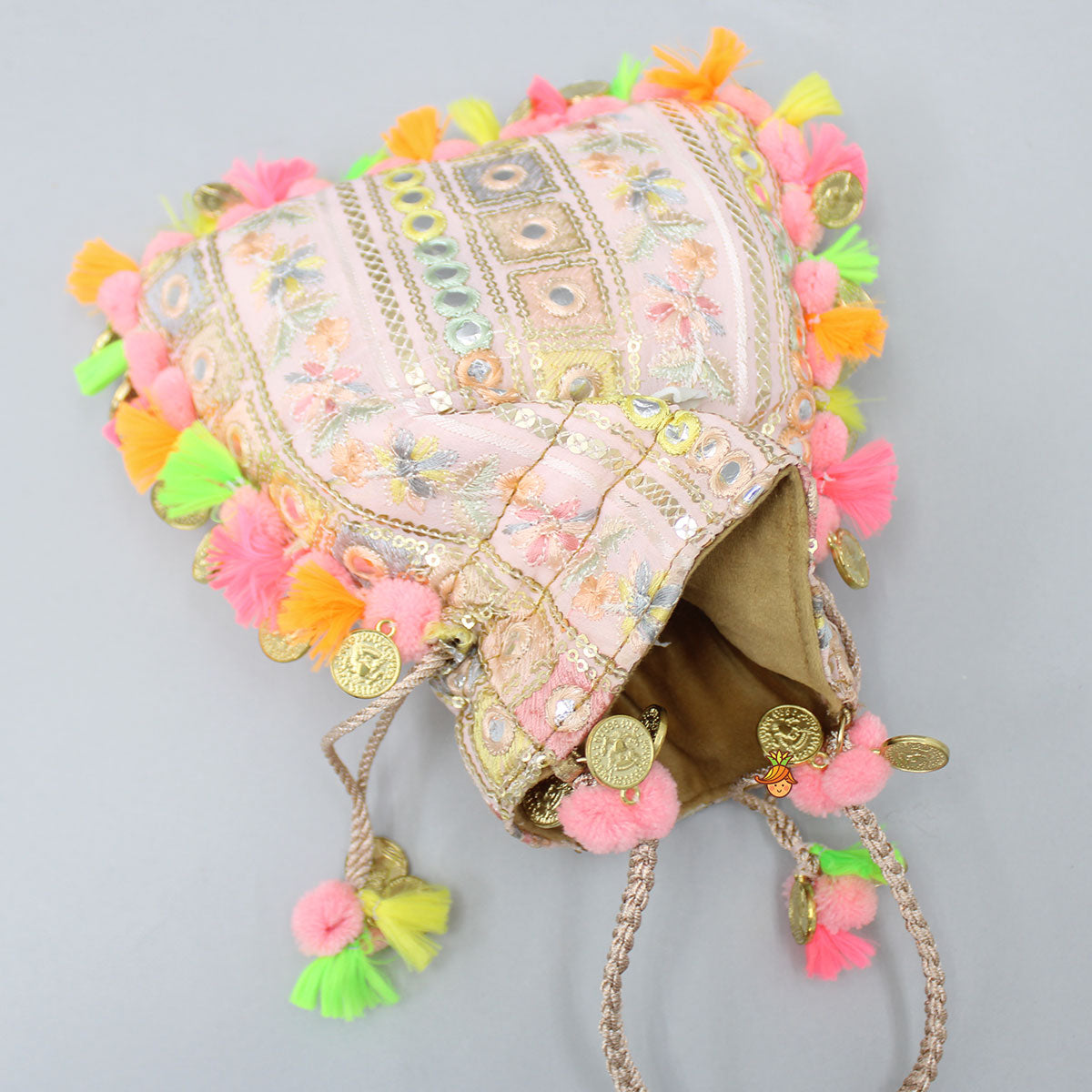 Stunning Embroidered Pom Poms And Fringed Tassels Detailed Potli Bag