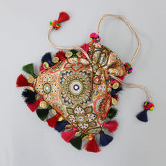 Pre Order: Multicolour Embroidered Fringed Tassels Detailed Potli Bag