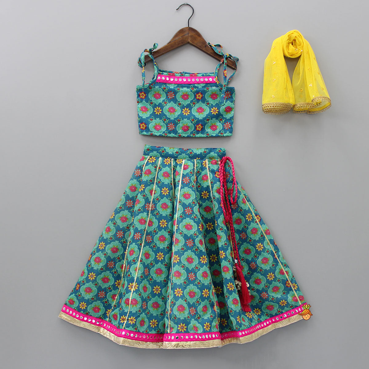 Floral Printed Tie Knot Strap Top With Lehenga And Net Dupatta