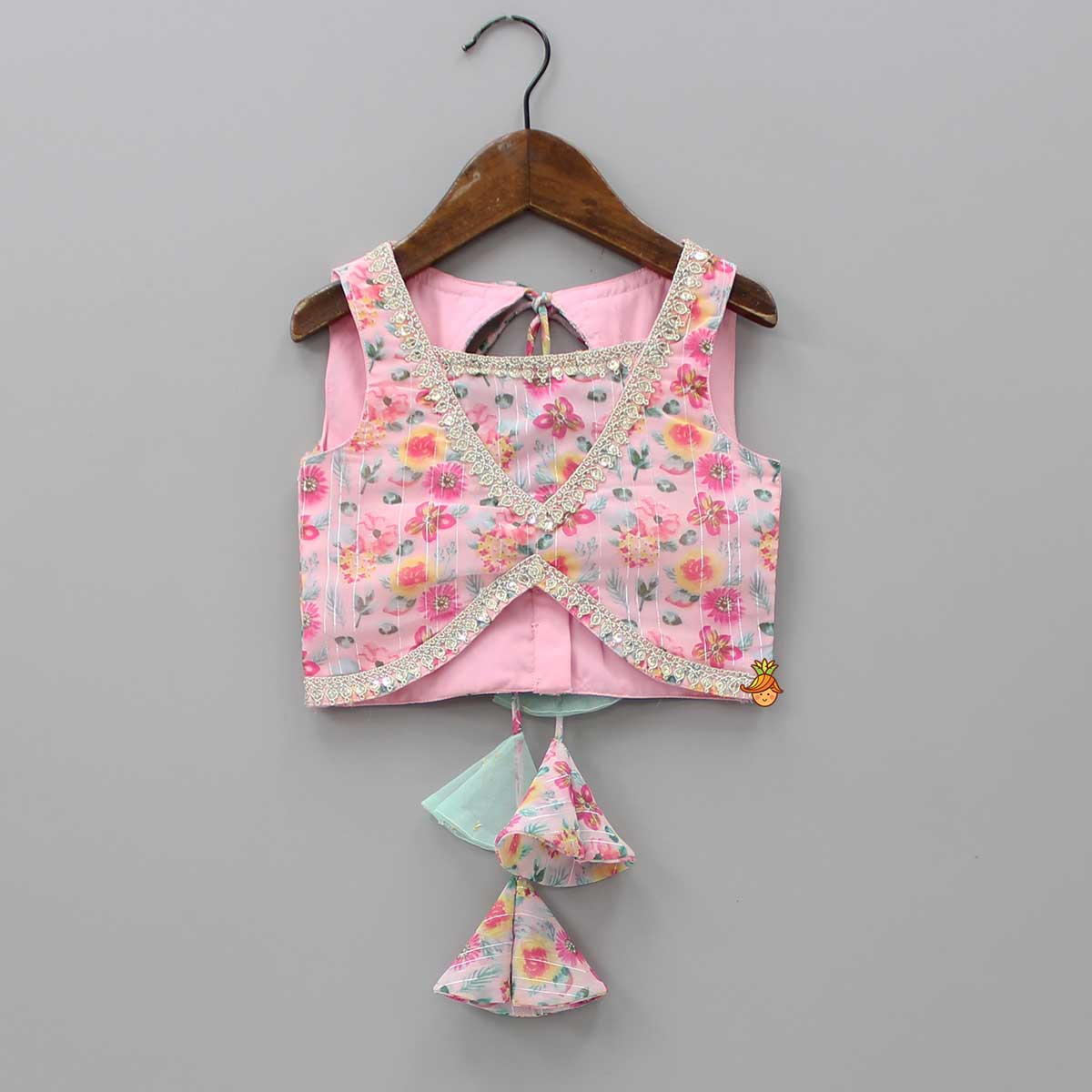 Floral Cut Out Back Pink Top And Lehenga With Ruffle Net Dupatta