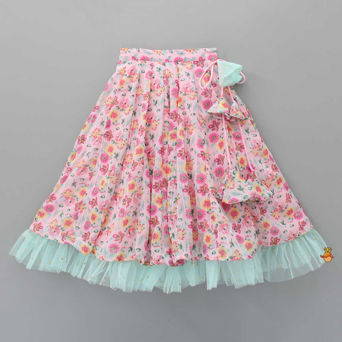 Floral Cut Out Back Pink Top And Lehenga With Ruffle Net Dupatta