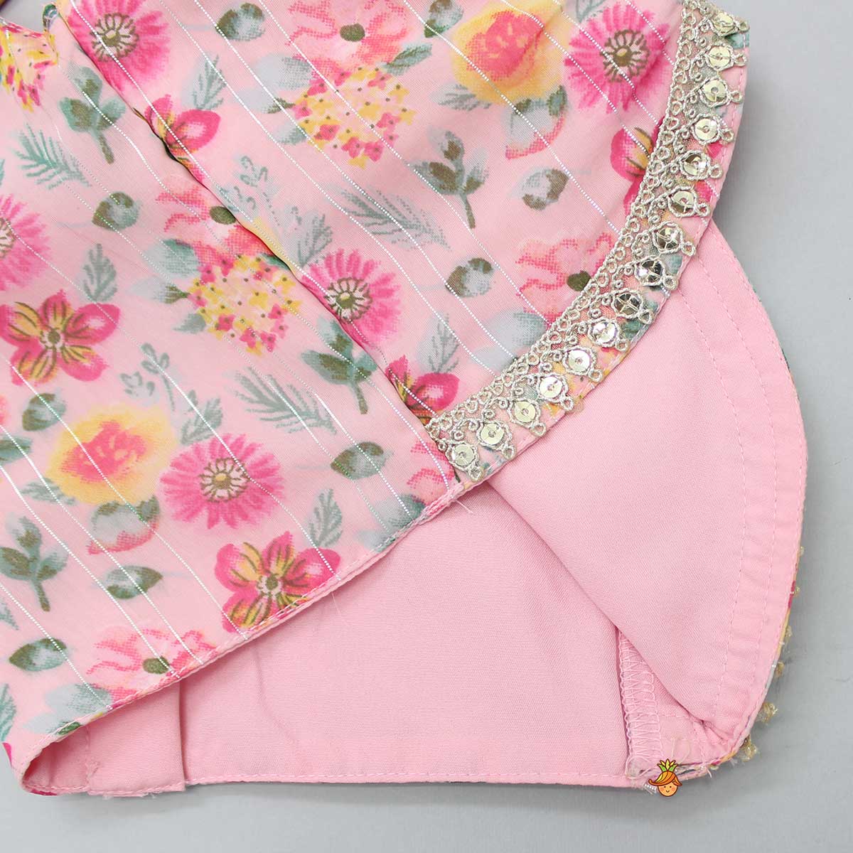 Floral Cut Out Back Pink Top And Lehenga With Ruffle Net Dupatta