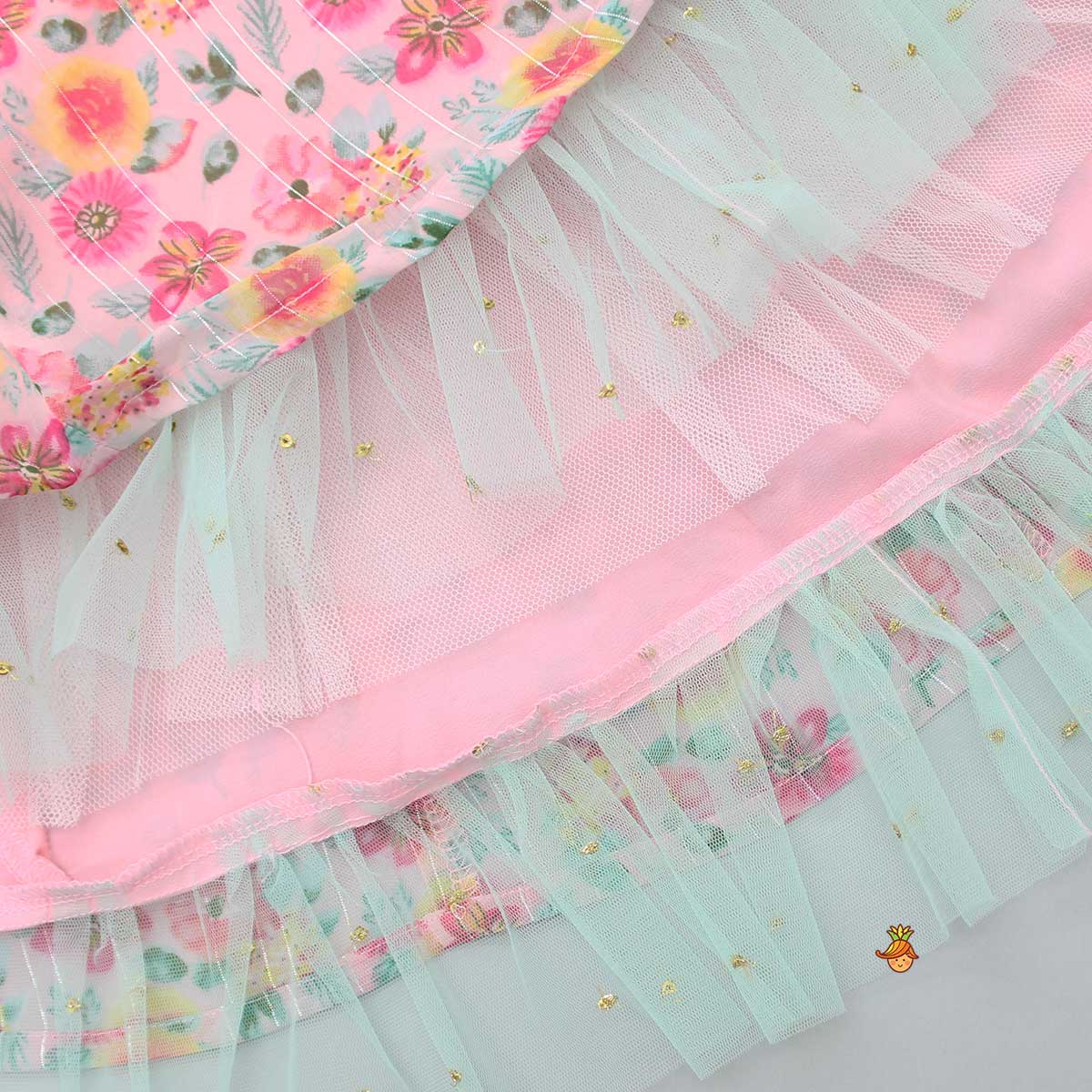 Floral Cut Out Back Pink Top And Lehenga With Ruffle Net Dupatta