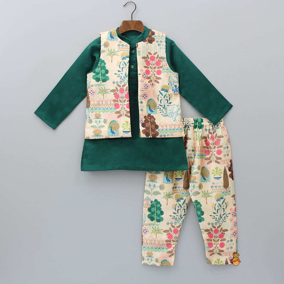 Pre Order: Green Kurta With Multicolour Printed Jacket And Pyjama