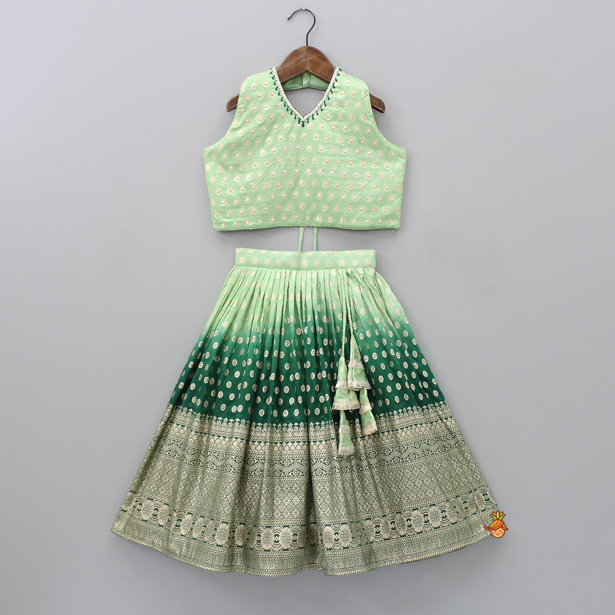 Splendid Embroidered Halter Neck Green Top With Lehenga And Fringed Lace Dupatta