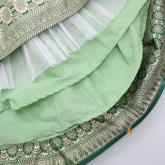 Pre Order: Splendid Embroidered Halter Neck Green Top With Lehenga And Fringed Lace Dupatta