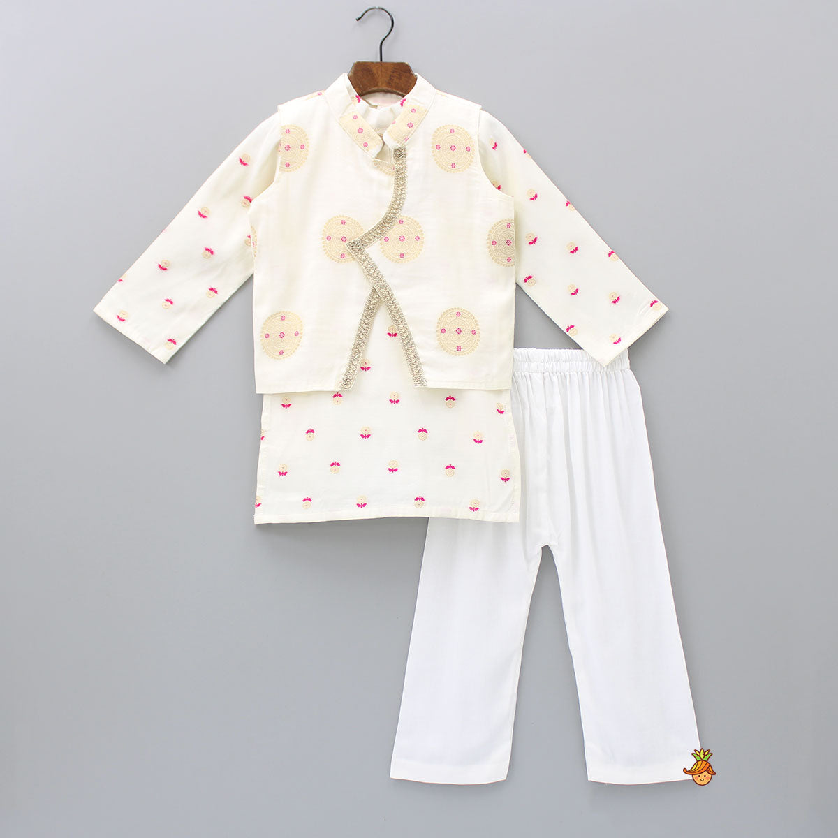 Embroidered Off White Kurta And Jacket With Pyjama