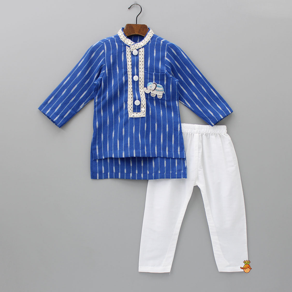 Pre Order: Blue Printed High Low Kurta With Pyjama