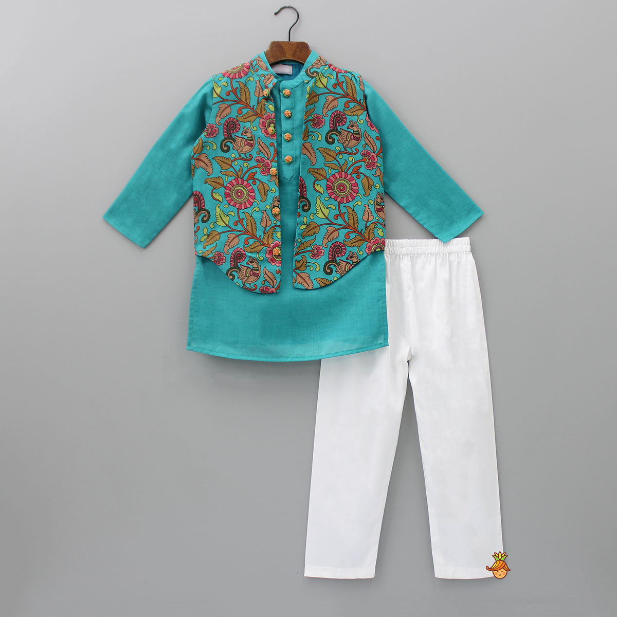 Pre Order: Kurta With Motifs Printed Jacket And White Pyjama