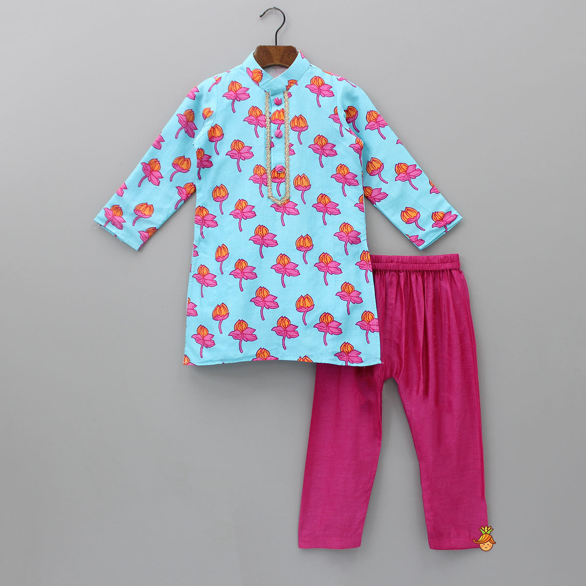 Pre Order: Floral Printed Mandarin Collar Blue Kurta With Pink Pyjama